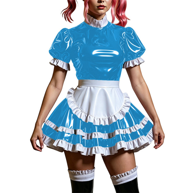 Sweet Faux-latex Look Mini Maid Dress for Women Gothic Lolita Puff Short Sleeve PVC Pleated Maid Uniforms Anime Cosplay Costume