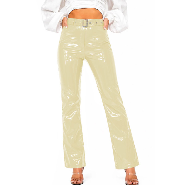 Women's Street Trendy High Waist PVC Shiny Pants Shiny Faux Leather Straight Leg Trousers Office Ladies Glossy Bottom Clubwear