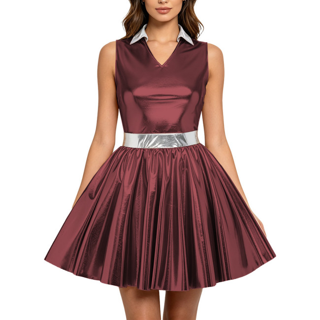 Metallic Shiny Lapel V-neck Skater Mini Dress Sleeveless Patchwork Flared Short Swing Dresses Womens Costume Party Club Outfits