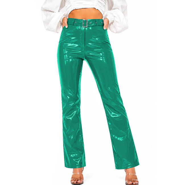 Women's Street Trendy High Waist PVC Shiny Pants Shiny Faux Leather Straight Leg Trousers Office Ladies Glossy Bottom Clubwear