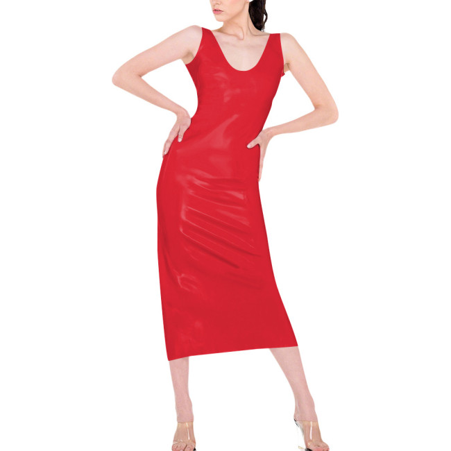 High Street Shiny PVC Bodycon Midi Dress Sleeveless Back Zipper Womens Pencil Dress Club Party Night Out Faux Latex Look Dresses