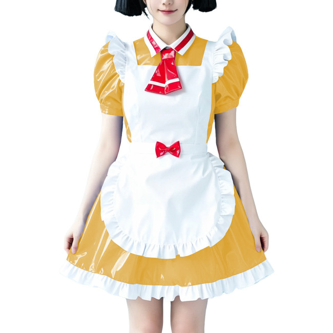 Sweet Girls Style Glossy Apron Maid Dress with Tie Wetlook PVC Leather Maid Uniforms Halloween Party Maidservant Cosplay Outfits