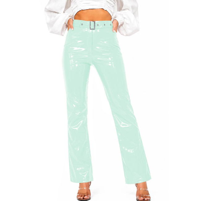 Women's Street Trendy High Waist PVC Shiny Pants Shiny Faux Leather Straight Leg Trousers Office Ladies Glossy Bottom Clubwear