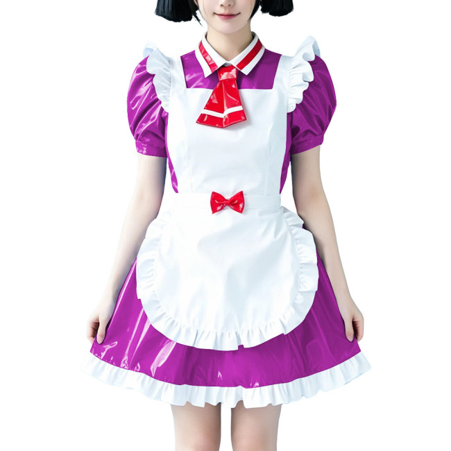 Sweet Girls Style Glossy Apron Maid Dress with Tie Wetlook PVC Leather Maid Uniforms Halloween Party Maidservant Cosplay Outfits