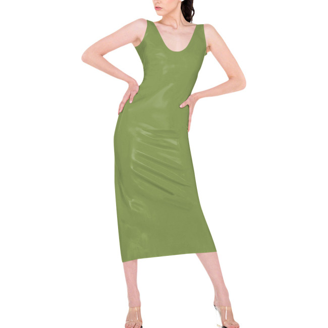 High Street Shiny PVC Bodycon Midi Dress Sleeveless Back Zipper Womens Pencil Dress Club Party Night Out Faux Latex Look Dresses