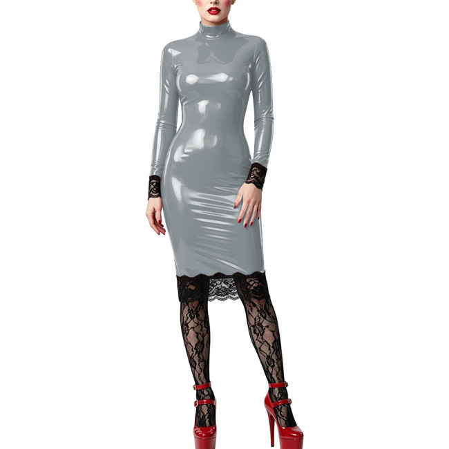 Sexy Faux Latex Look Sexy Bodycon Dress for Womens Turtleneck Long Slevees PVC Shiny Knee-length Pencil Dress with Lace Trims