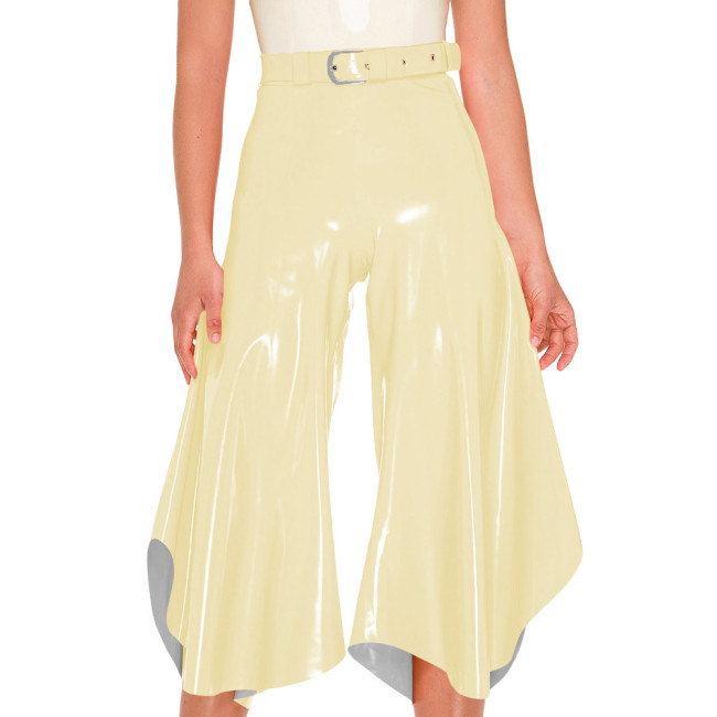 Women Shiny PVC Wetlook Club Culottes High Waist Belted Crop Wide Leg Trousers with Back Lace‑Up Female Fancy Party Clubwear