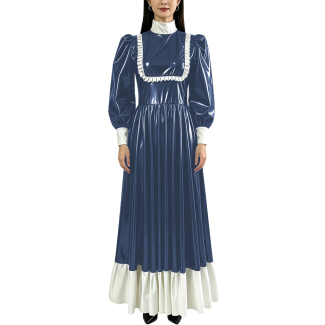 French Vintage PVC Shiny Swing Long Dresses Womens Long Sleeve Ruffles Patchwork Contrast Color Maxi Dress Occasion Party Gown