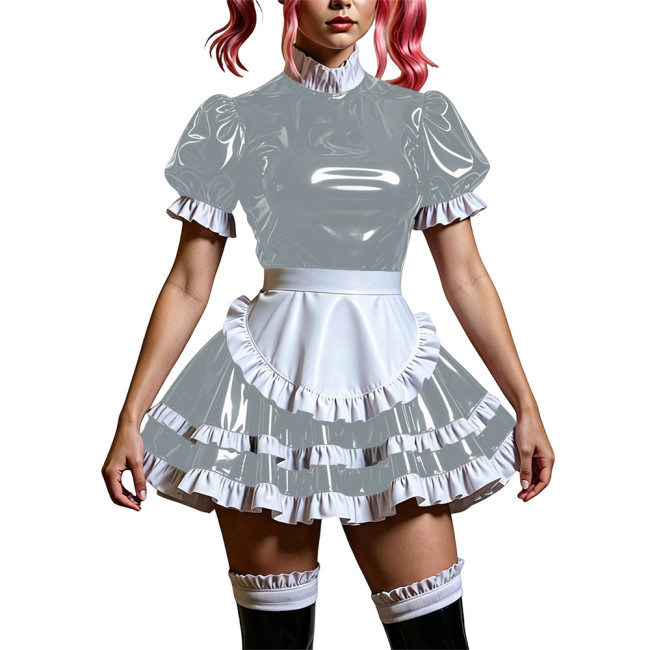 Sweet Faux-latex Look Mini Maid Dress for Women Gothic Lolita Puff Short Sleeve PVC Pleated Maid Uniforms Anime Cosplay Costume
