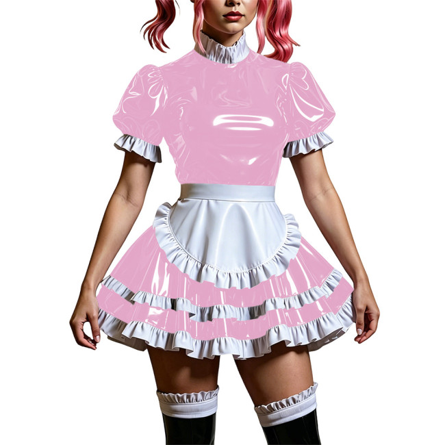 Sweet Faux-latex Look Mini Maid Dress for Women Gothic Lolita Puff Short Sleeve PVC Pleated Maid Uniforms Anime Cosplay Costume