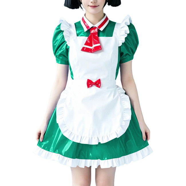Sweet Girls Style Glossy Apron Maid Dress with Tie Wetlook PVC Leather Maid Uniforms Halloween Party Maidservant Cosplay Outfits