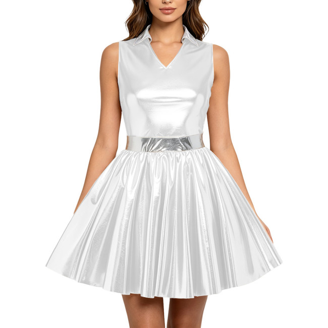 Metallic Shiny Lapel V-neck Skater Mini Dress Sleeveless Patchwork Flared Short Swing Dresses Womens Costume Party Club Outfits