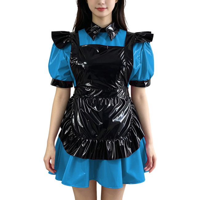 Sissy Servant Pleated Mini Dress with Apron Lockable PVC Shiny Role Playing Maid Uniforms Puff Sleeve A-Line Cocktail Party Gown