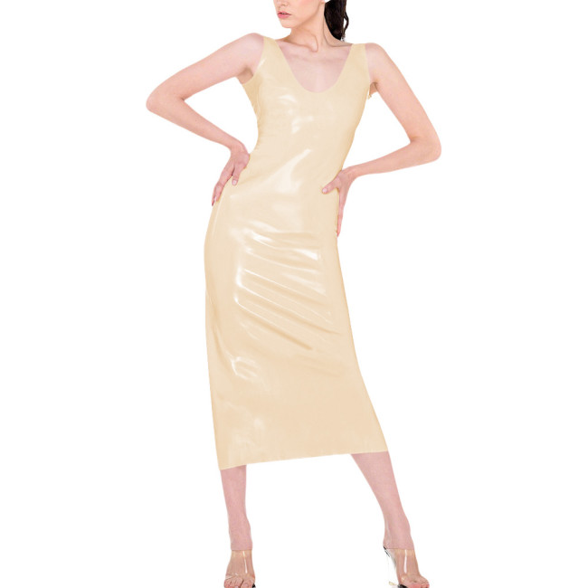 High Street Shiny PVC Bodycon Midi Dress Sleeveless Back Zipper Womens Pencil Dress Club Party Night Out Faux Latex Look Dresses