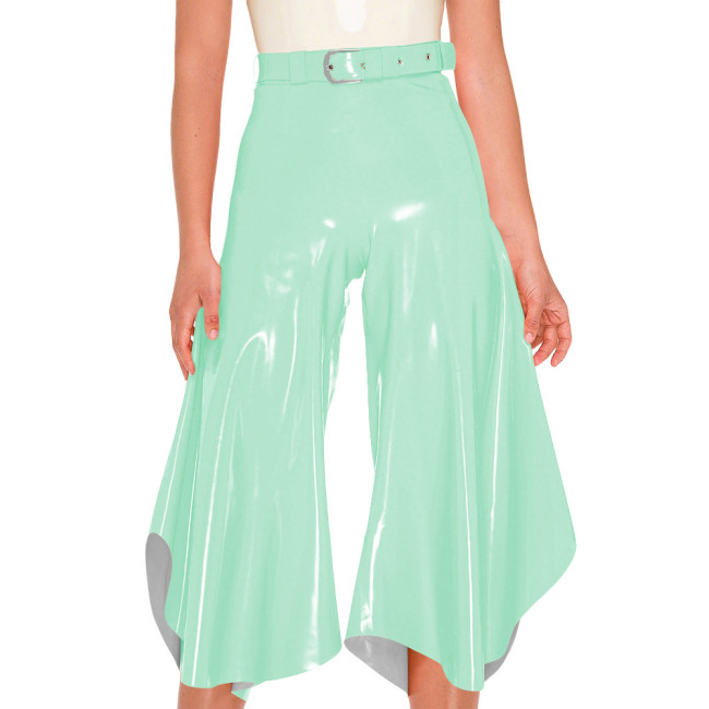 Women Shiny PVC Wetlook Club Culottes High Waist Belted Crop Wide Leg Trousers with Back Lace‑Up Female Fancy Party Clubwear