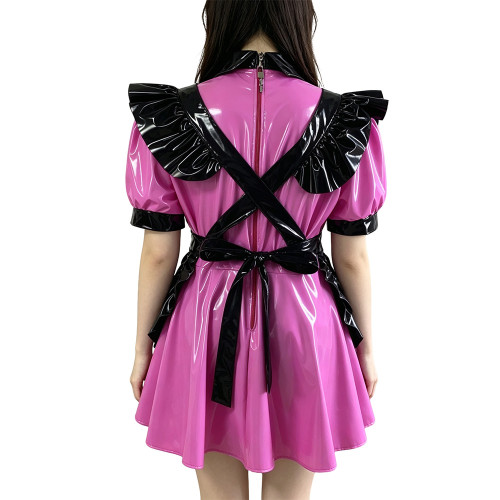 Sissy Servant Pleated Mini Dress with Apron Lockable PVC Shiny Role Playing Maid Uniforms Puff Sleeve A-Line Cocktail Party Gown