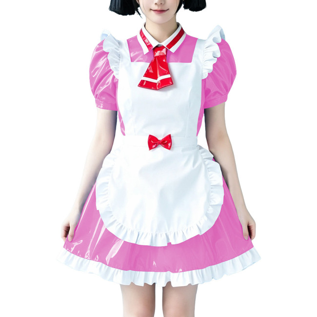 Sweet Girls Style Glossy Apron Maid Dress with Tie Wetlook PVC Leather Maid Uniforms Halloween Party Maidservant Cosplay Outfits