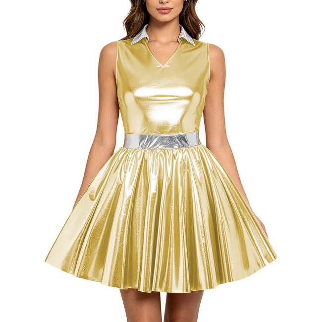 Metallic Shiny Lapel V-neck Skater Mini Dress Sleeveless Patchwork Flared Short Swing Dresses Womens Costume Party Club Outfits