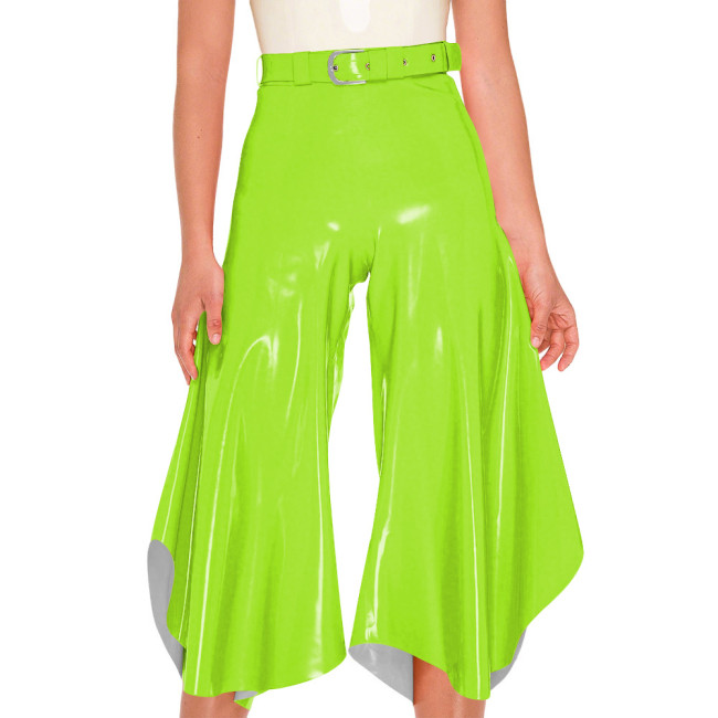 Women Shiny PVC Wetlook Club Culottes High Waist Belted Crop Wide Leg Trousers with Back Lace‑Up Female Fancy Party Clubwear