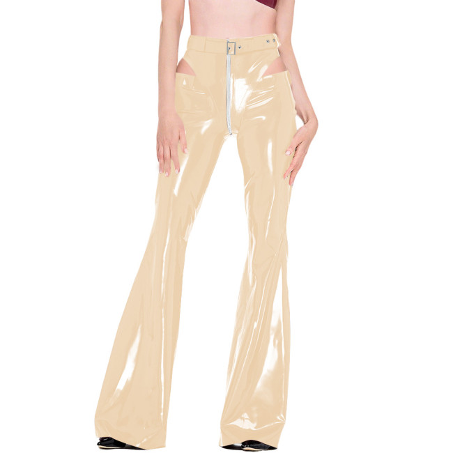 Gothic Sexy Glossy Faux Leather High Waist Long Flare Pants Ladies Stretch PVC Belted Panties Bell-bottom Trousers Two-piece Set