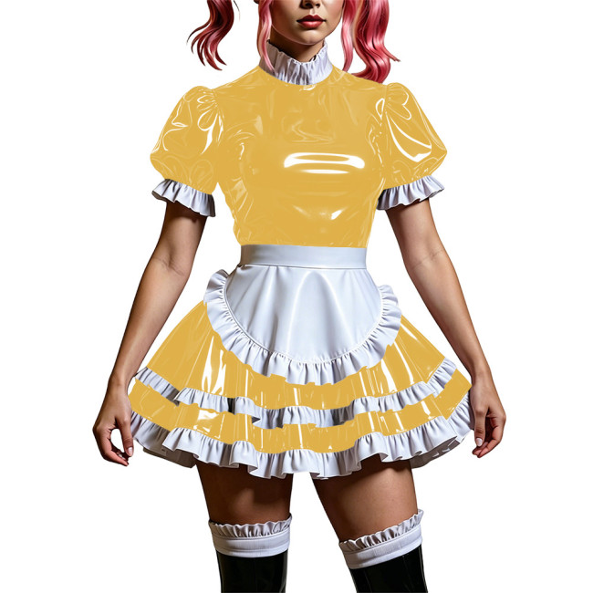 Sweet Faux-latex Look Mini Maid Dress for Women Gothic Lolita Puff Short Sleeve PVC Pleated Maid Uniforms Anime Cosplay Costume