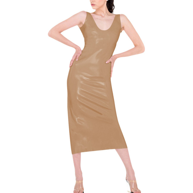 High Street Shiny PVC Bodycon Midi Dress Sleeveless Back Zipper Womens Pencil Dress Club Party Night Out Faux Latex Look Dresses
