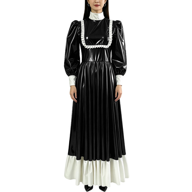 French Vintage PVC Shiny Swing Long Dresses Womens Long Sleeve Ruffles Patchwork Contrast Color Maxi Dress Occasion Party Gown