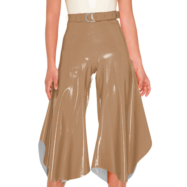 Women Shiny PVC Wetlook Club Culottes High Waist Belted Crop Wide Leg Trousers with Back Lace‑Up Female Fancy Party Clubwear