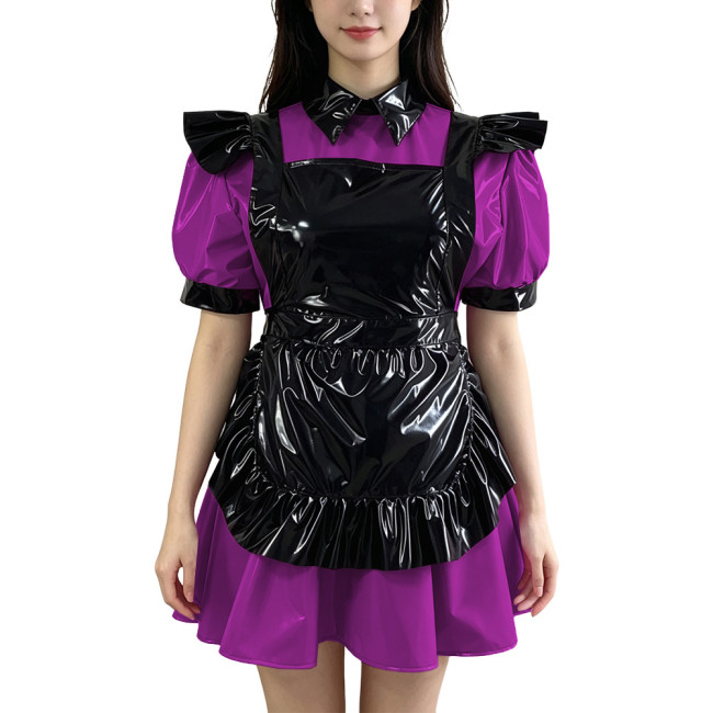 Sissy Servant Pleated Mini Dress with Apron Lockable PVC Shiny Role Playing Maid Uniforms Puff Sleeve A-Line Cocktail Party Gown