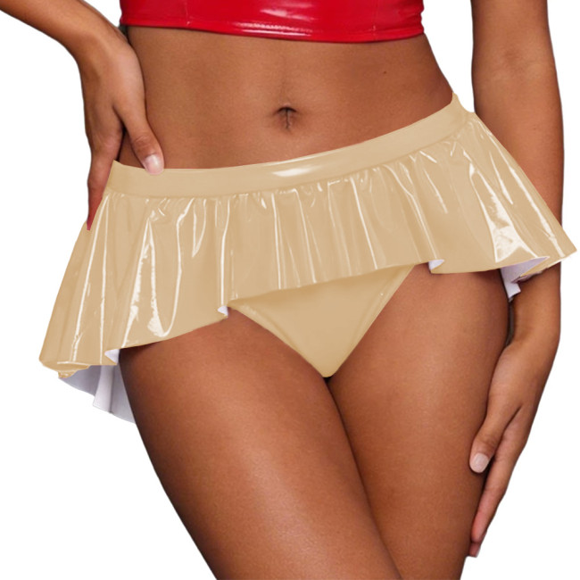 Sissy Sexy Irregular Ruffled Skirted Panties Glossy PVC Leather Low Rise Exotic Briefs Lingerie Glossy Underwear Raves Clubwear