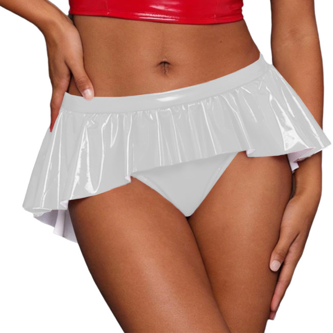Sissy Sexy Irregular Ruffled Skirted Panties Glossy PVC Leather Low Rise Exotic Briefs Lingerie Glossy Underwear Raves Clubwear