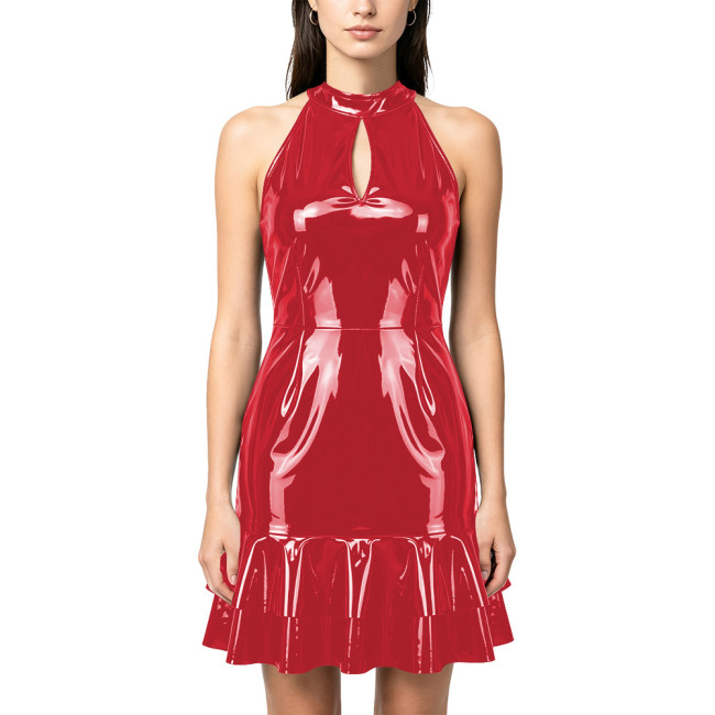 Sexy PVC Faux Leather Glossy Mini Dress with Flared Hem Party Sleeveless Mermaid Dresses Wetlook Streetwear Womens Clothing
