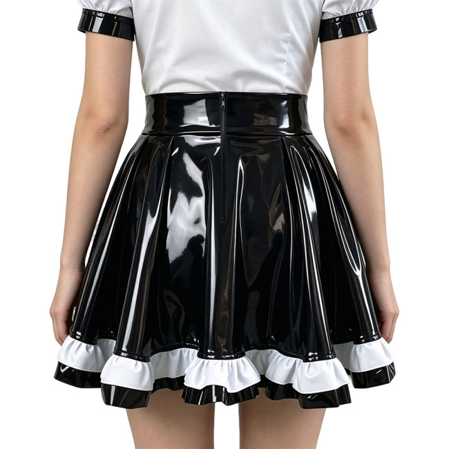 Glossy PVC Leather Women Pleated A-Line Mini Skirts Vinyl High Waist Swing Short Skirt with Frill Trim Hem Themed Party Clubwear