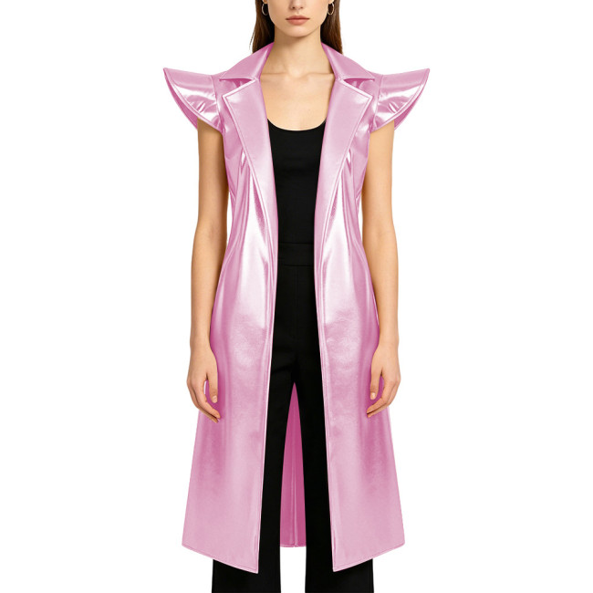 Women's Metallic Shiny Performance Long Trench Coat with Belt Party Sleeveless Notch Lapel Midi Jacket Tops Festivals Clubwear