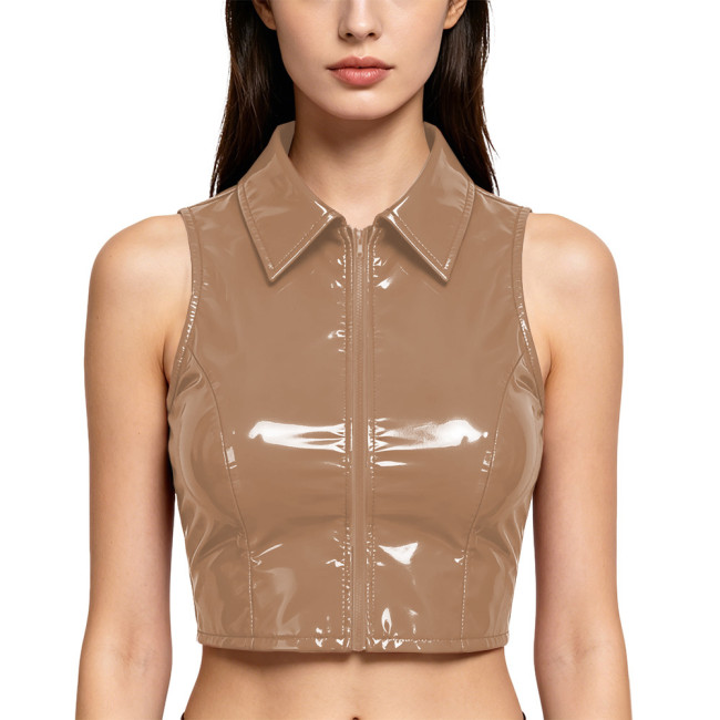Plus Size Vinyl PVC Leather Women's Crop Top Punk Zipper Tank Short Jackets Party Glossy Turn-down Collar Sleeveless Waistcoat
