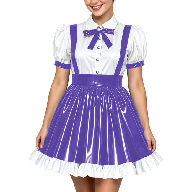 Women Lolita Cute Puff Sleeve Shirt Strap Suspender Mini Skirt Two-piece Set PVC Shiny Leather School Style Pleated Dress Outfit