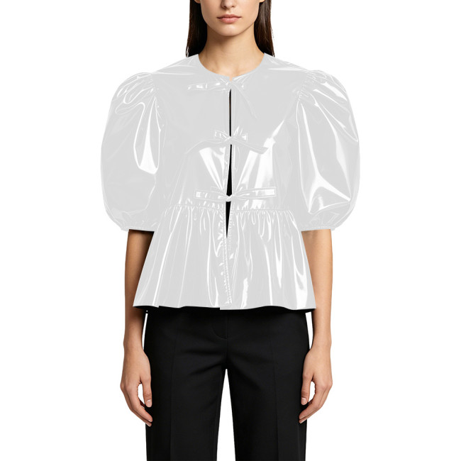 Plus Size Womens Ruffle Crop Top Sweet Short Puff Sleeve Glossy PVC Leather Female Blouse with Bow Tied Ladies Fashion Tops 8X