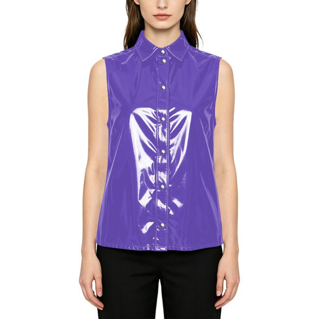 Smooth PVC Leather Tank Shirt for Womens Fashion Nightclub Glossy Solid Color Vest Sleeveless Turn-down Collar Female Blouse