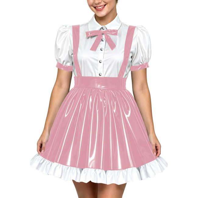Women Lolita Cute Puff Sleeve Shirt Strap Suspender Mini Skirt Two-piece Set PVC Shiny Leather School Style Pleated Dress Outfit