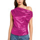 Plus Size Metallic Shiny Women's Blouse One Shoulder Short Sleeve Tops Summer Chic Solid Color Slim Blouse Female Party Tops 8XL