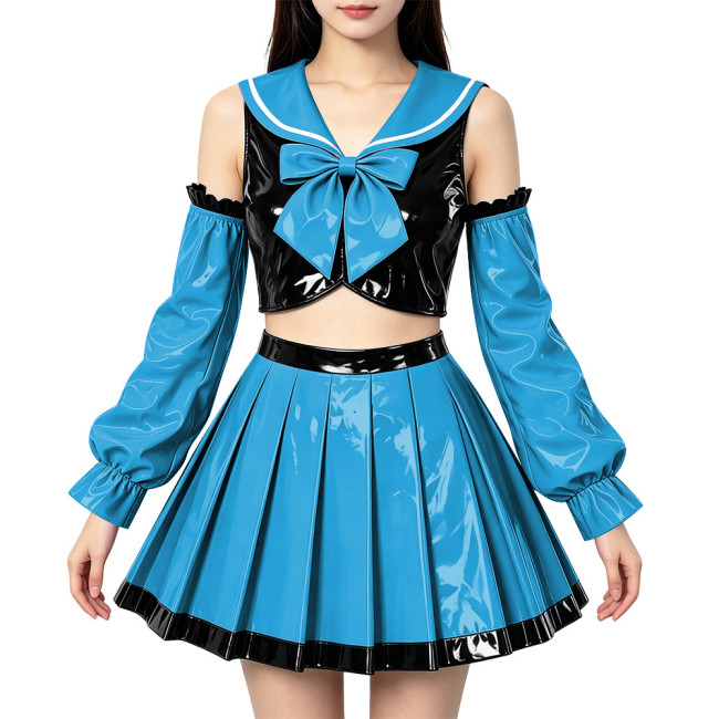 Adult PVC Shiny Cosplay Sailor Uniform Off‑Shoulder Sleeve Cropped Top Pleated Skirt Halloween Carnival Party Dress Up Outfits