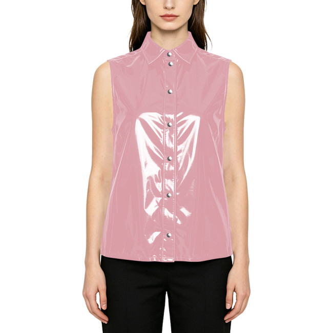 Smooth PVC Leather Tank Shirt for Womens Fashion Nightclub Glossy Solid Color Vest Sleeveless Turn-down Collar Female Blouse