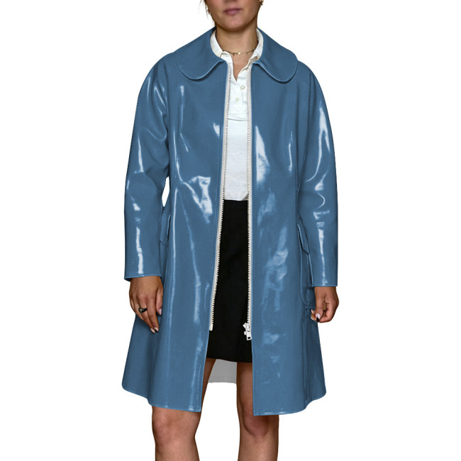 Women Men PVC Vinyl Leather Long Trench Coats Peter Pan Collar Long Sleeve Wet Look High Street Jacket Cosplay Party Costume