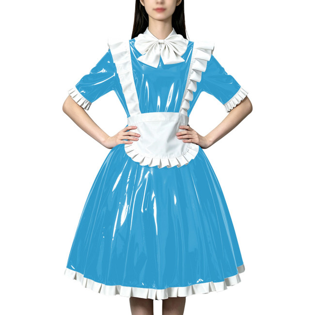 Sissy Shiny PVC Wetlook Maid Uniforms Half Sleeve White Bow Ruffle Midi Dress with Frilled Apron Theme Parties Role‑Play Outfit