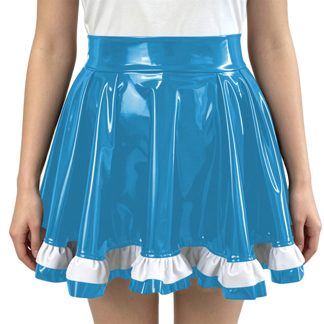 Glossy PVC Leather Women Pleated A-Line Mini Skirts Vinyl High Waist Swing Short Skirt with Frill Trim Hem Themed Party Clubwear