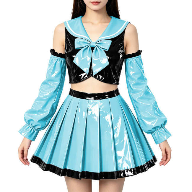 Adult PVC Shiny Cosplay Sailor Uniform Off‑Shoulder Sleeve Cropped Top Pleated Skirt Halloween Carnival Party Dress Up Outfits