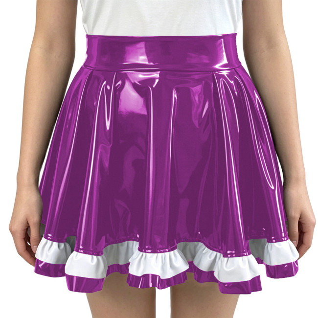Glossy PVC Leather Women Pleated A-Line Mini Skirts Vinyl High Waist Swing Short Skirt with Frill Trim Hem Themed Party Clubwear