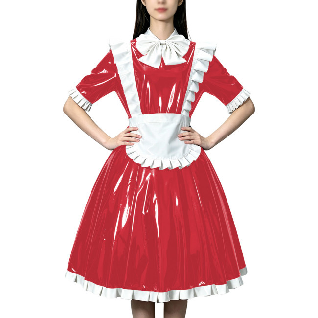 Sissy Shiny PVC Wetlook Maid Uniforms Half Sleeve White Bow Ruffle Midi Dress with Frilled Apron Theme Parties Role‑Play Outfit