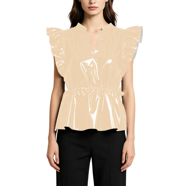 Elegant PVC Shiny Button Down Slim Waist Shirt for Women Fashion Casual Style Flying Sleeve Ruffle Trim Blouse Glossy Streetwear