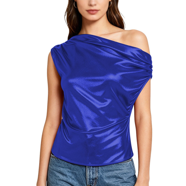 Plus Size Metallic Shiny Women's Blouse One Shoulder Short Sleeve Tops Summer Chic Solid Color Slim Blouse Female Party Tops 8XL